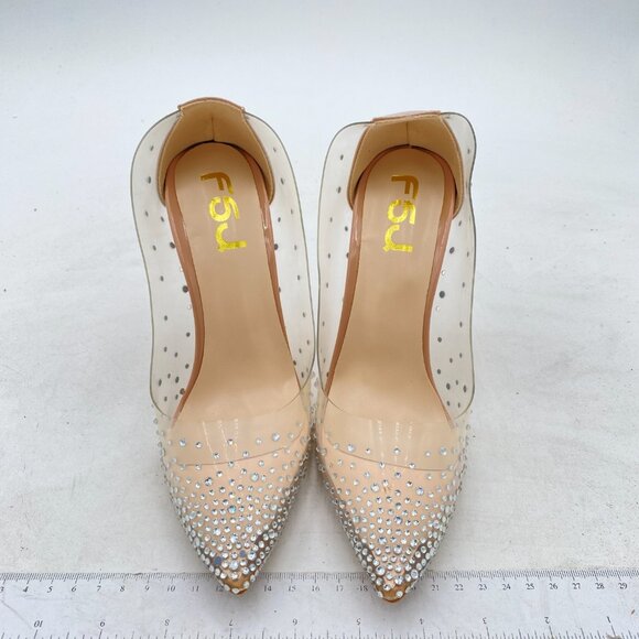 FSJ Nude Women Studded Pointed Toe Transparent Pumps High Heels Shoes - Picture 3 of 8